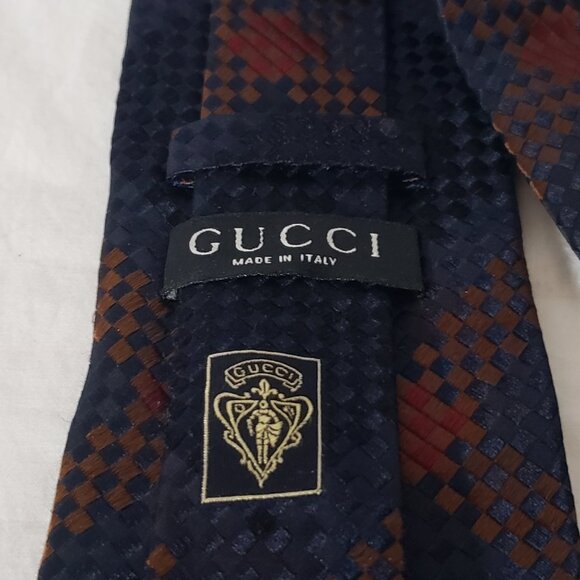 GUCCI Made in Italy 100% Silk Necktie - Black Brown Red Square - 3 3/4" x 58" - Picture 5 of 10